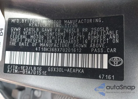 2007 Toyota Avalon Limited/Touring/Xl/Xls z USA, uszkodzony, nr VIN 4T1BK36BX7U201612